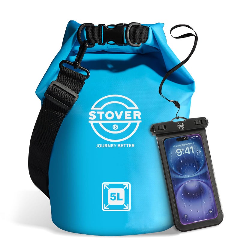 STOVER 5/10/25/30/40/55L حقيبة جافة مقاومة للماء صغيرة خفيفة الوزن قابلة للطي حقيبة ظهر جافة مع حافظة هاتف مقاومة للماء والتجديف والسفر والمشي لمسافات طويلة وأنابيب الصيد والتخييم على الشاطئ للرجال/النساء (أزرق) - Image 1